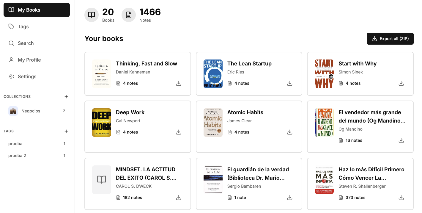 Export Kindle Notes Dashboard - Organize and export your highlights